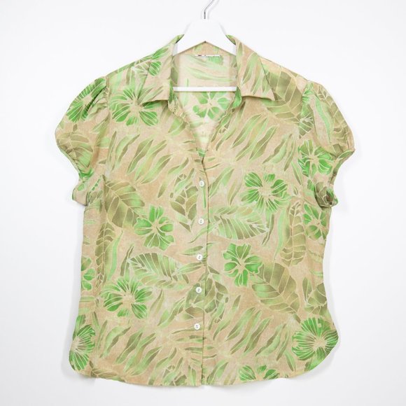 Vintage Tops - 🎁 Vintage palm leaf print button up bright green short puff sleeve sleeve top